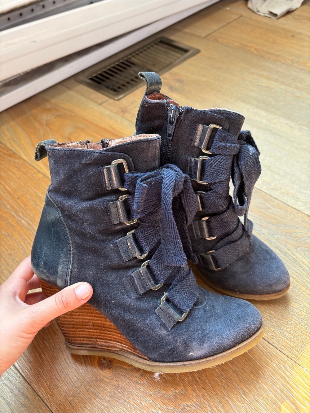 Suede Wedge Ankle Boots in Navy with Ribbon Laces